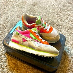 Little girl Puma sneakers- Orange/Pink/Green/Silver/White- decent condition